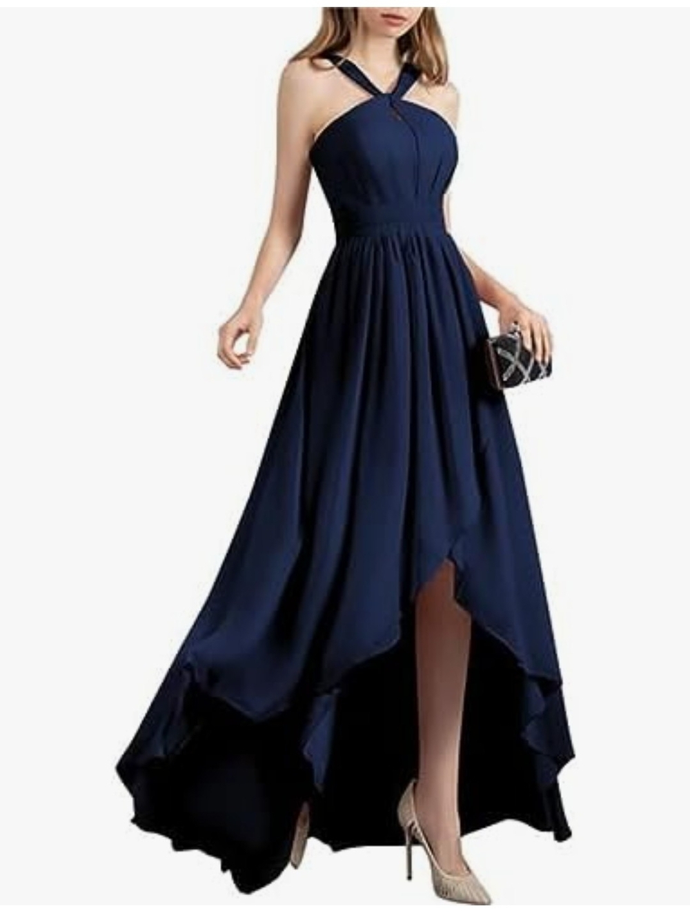 Navy Halter High-Low Evening Dress